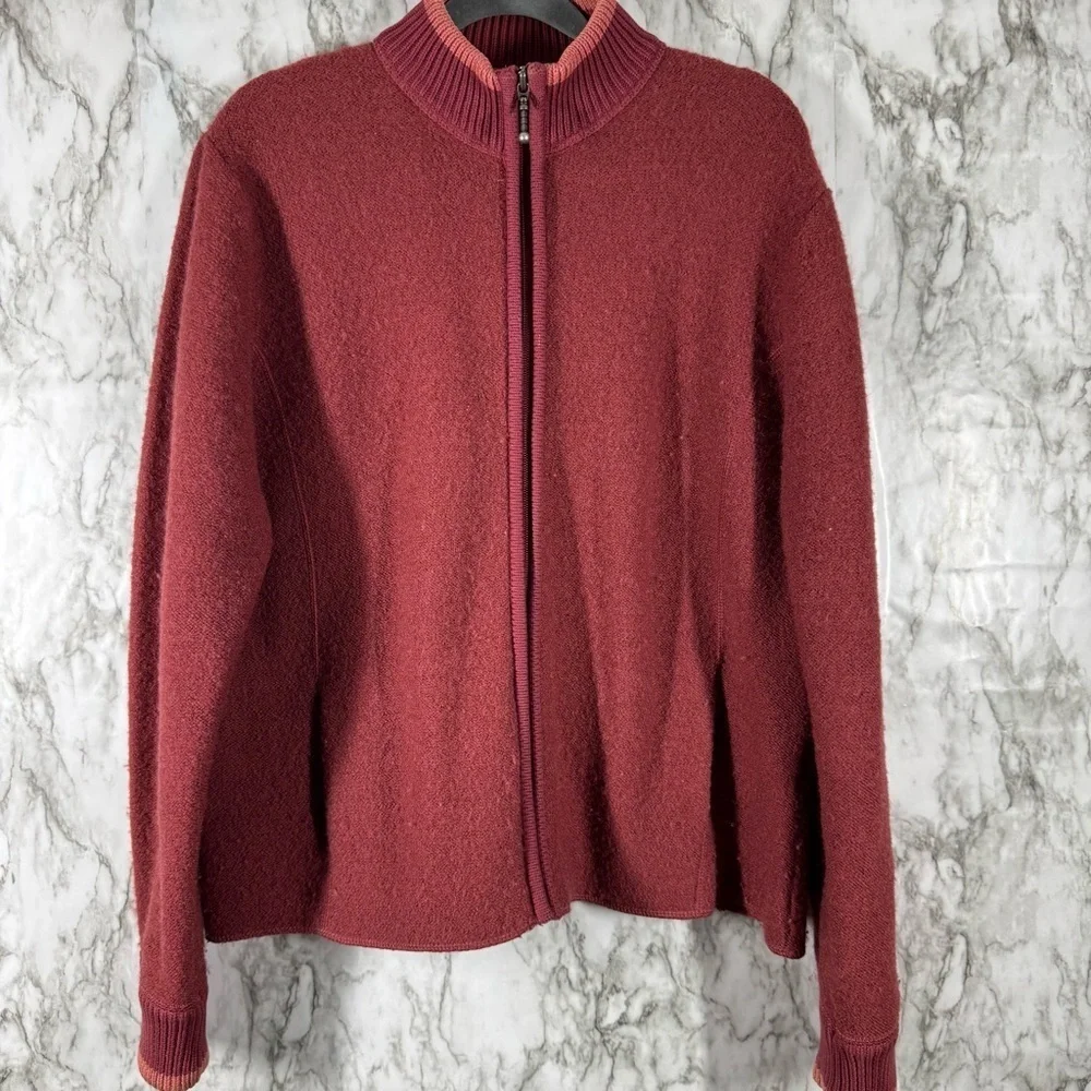 Cabelas Sweater Womens L Red Long Sleeve Thick Ribbed Knit Wool Full Zip